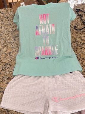 Champion Kids Mint Green Top & White Mesh Shorts with Pink Accent